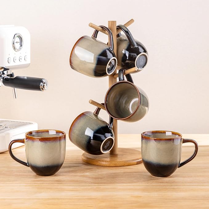 theterra Ceramic Coffee Mugs Set of 6, 12oz Handmade Coffee Cups with Handle for Latte, Tea, Milk, Beer, Hot Cocoa, Coca Mocha