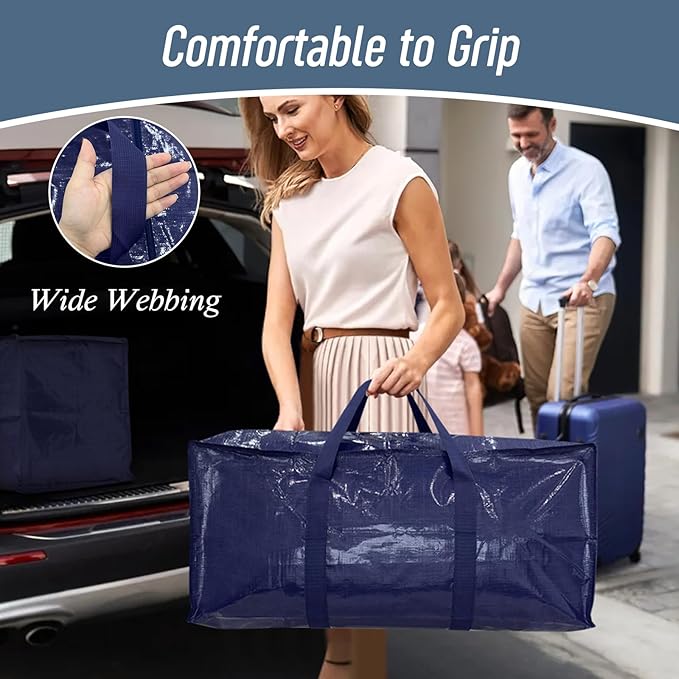 6 Pack Extra Heavy Duty Large Moving Bags with Strong Zipper, Dark Blue | Comfortable Handles, Sturdy & Durable Clothes Storage Bags Totes Bins, Blue Packing Moving Boxes for College Supplies