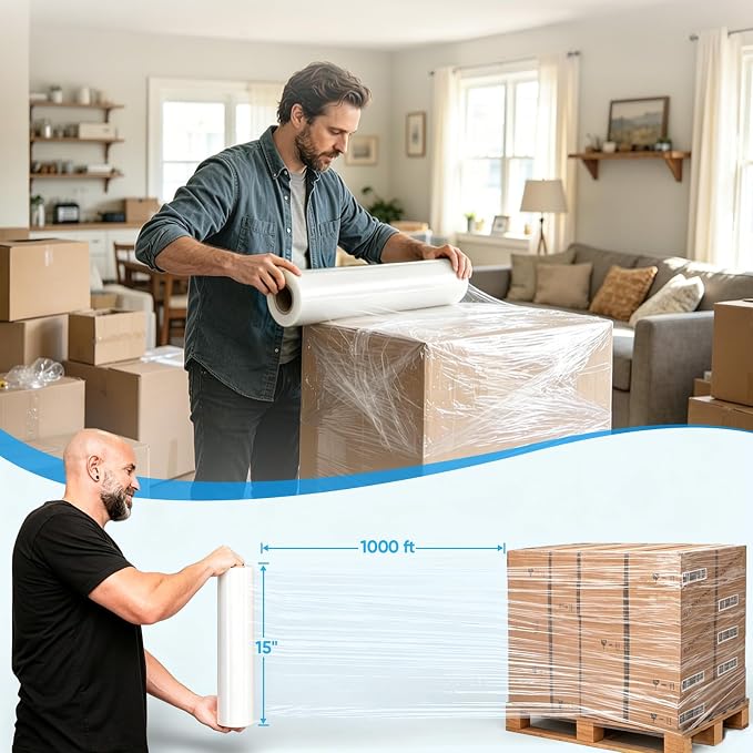TICONN 1Pk Stretch Wrap Stretch Film Roll, 1000ft Industrial Strength 15 inch Wide Clear Plastic Wrap for Pallet Wrapping Shipping Moving (No Handles)