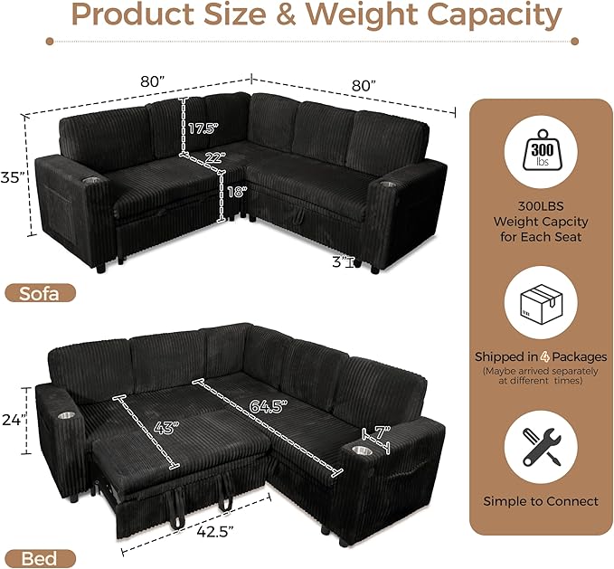 L-Shaped Sectional Sleeper Sofa with Pull Out Bed, Black | Plush Corduroy Modular Couch with Storage, USB Charging, Cup Holders – Cozy Cloud Couches for Living Room, Easy Assembly
