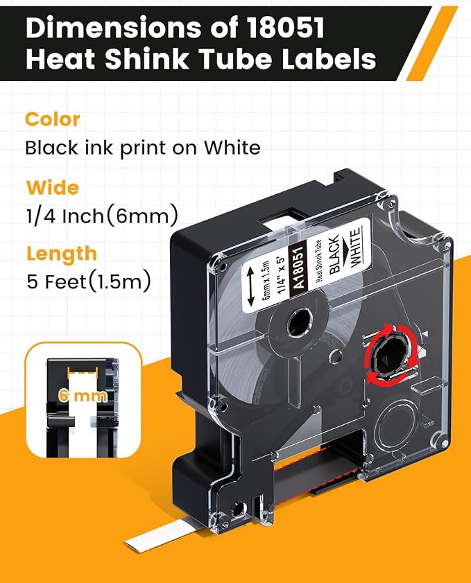 18051 Rhino 4200 Label Maker Heat Shrink Tube Tape 6mm | A18051 Compatible with Dymo 1/4" Rhino Heat Shrink Labels Replace for DYMO 4200, 5200, 5000, 6000, Black on White, 4-Pack