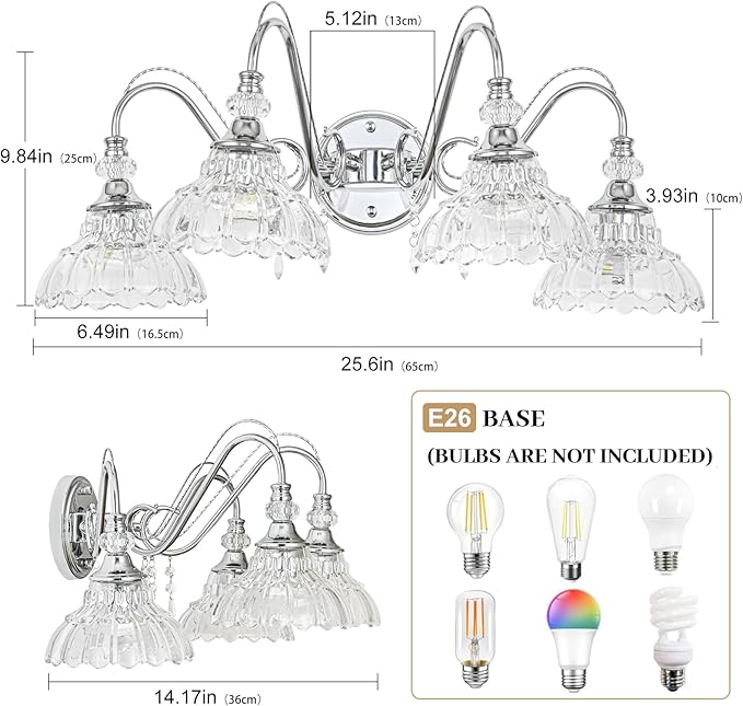 Brushed Chrome Bathroom Vanity Light, 4-Light Chrome Finish Wall Sconce with Hanging Crystal Accents and Flower-Shaped Clear Glass Shades, Modern Wall Mount Vanity Light Over Mirror for Bathroom