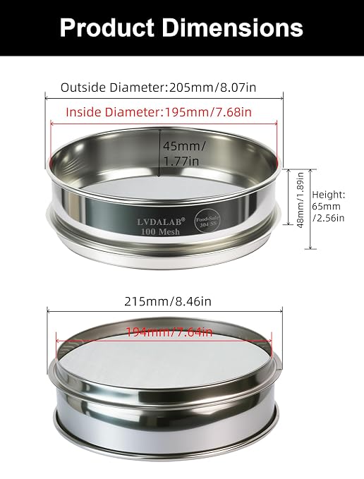 All 304 Stainless Steel 100 Mesh Test Sieve (0.15mm Aperture), 8 Inch/20cm Diameter, Fine Flour Sifter & Filter, Lab Analysis Screen for Cement, Coatings, Fillers & Fine Dust Separation