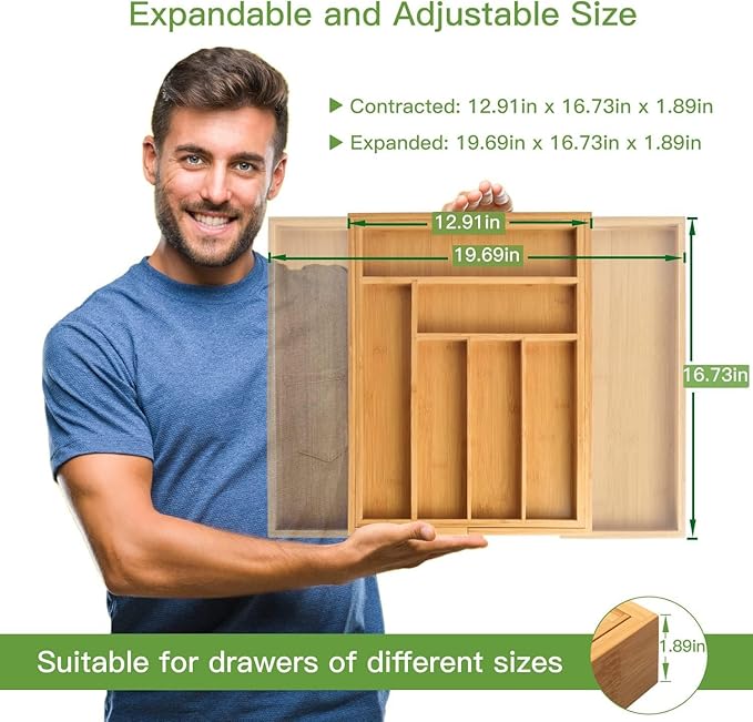 Pipishell Bamboo Expandable Silverware Drawer Organizer, Adjustable Kitchen Utensil Tray for Forks, Spoons and Knives, Wood Storage Cutlery Holder for Bedroom and Living Room
