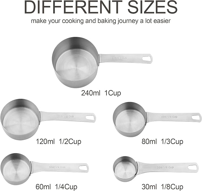 Stainless Steel Measuring Cups and Spoons Set, 18/8(304) Steel Material Heavy Duty 5 Measuring cups and 5 Measuring Spoons 1 Leveler and 2 rings Pack 13pcs Per set