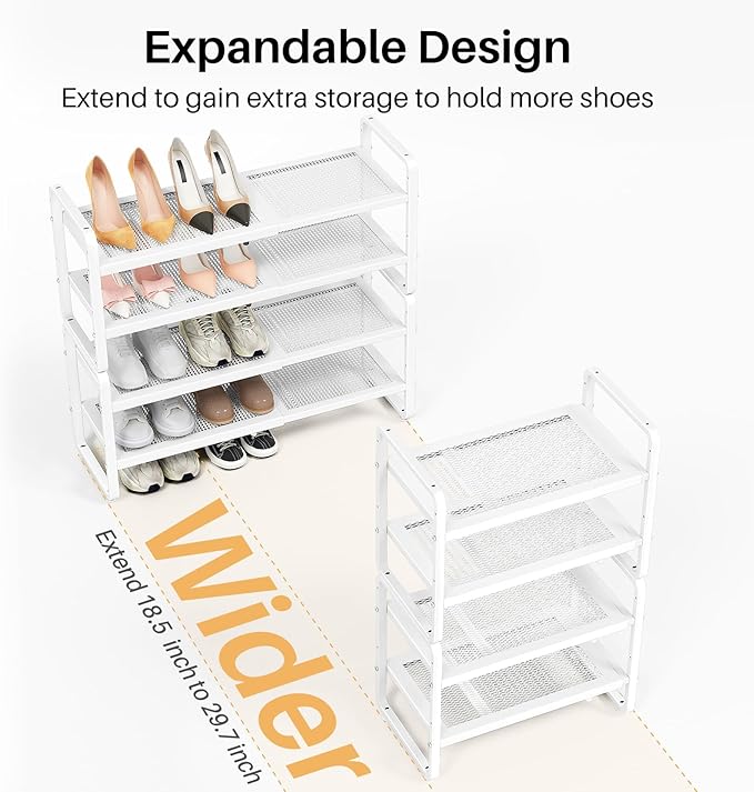 SNTD Shoe Rack - Expandable Shoe Organizer for Closet, Adjustable Metal Shoe Shelf Storage, Stackable Long Shoe Stand Holder for Garage, Entryway, Door Entrance (White, 4-Tier)