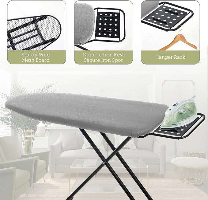 Ironing Board Full Size, RAINHOL 43"x13" Heavy Duty Compact Iron Board with Iron Rest, Height Adjustable Sturdy Iron Stand, Grey Cover with Extra Thick Padding