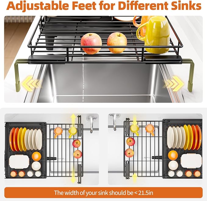 Urackify Expandable Sink Dish Drying Rack for Kitchen Counter, 1-Tier Black | Large Dish Racks, Sink Dish Drainer, Rustproof Dish Strainer with Utensil Holder, 12.3"-20.5" L x 15"W