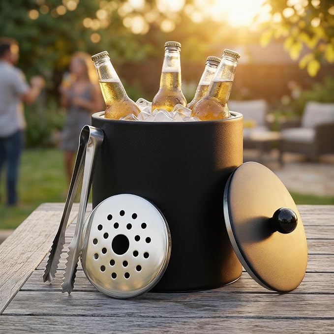 Ice Bucket with Lid & Tong - Insulated Stainless Steel Ice Bucket for Cocktail Bar & Parties - Black Double-Wall Wine Chiller with Strainer for Chilling Wine, Champagne & Beer - 5.5 x 5.5 x 7.3 inches