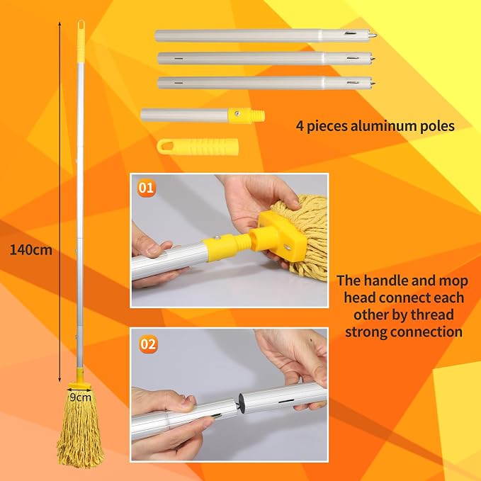 Mop Bucket with Wringer, 22 Qt (5.5 Gallon), Floor Cleaning, Handle, Wheels, 16.5" L x 10.6" W x 26.4" H, Yellow,Plus One Cotton Mop