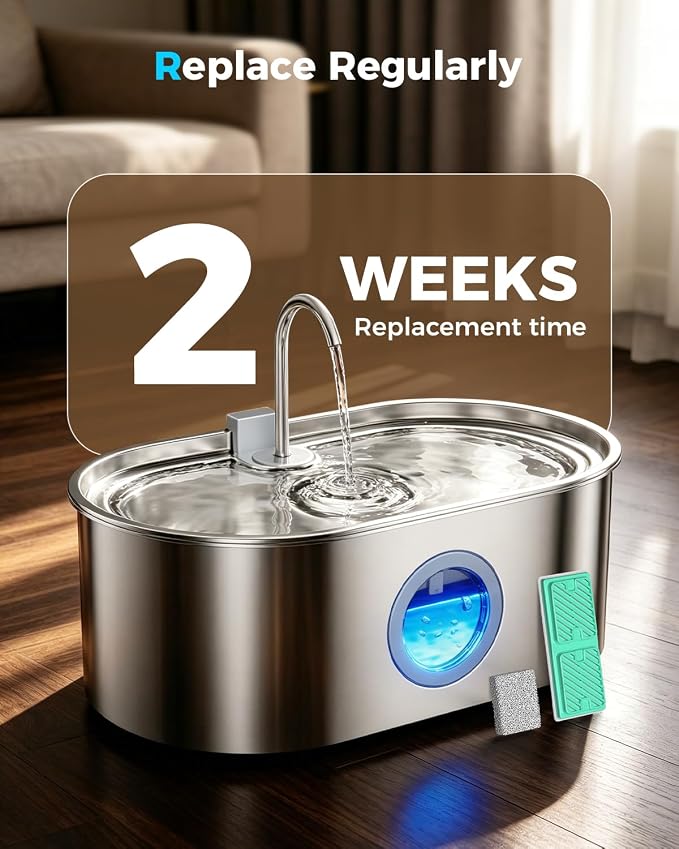 4.2Gal Extra Large Dog Water Fountain, 16L Stainless Steel Pet Water Fountain for Large Dogs, No Spill Dog Water Bowl Dispenser with Deeper Wider Bowl, 68-Cup Water Tank for Multi-Pet(6 Filters)
