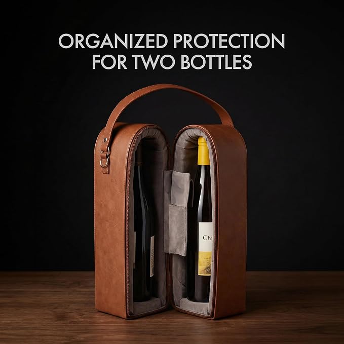 Bey-Berk Vino Brown Leather Double Wine Caddy, Two-Bottle Travel Case with Zipper Closure and Corkscrew Bar Tool