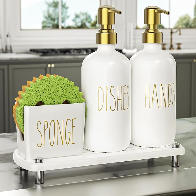 Cisily Kitchen Soap Dispenser Set Comes with Ceramics Sponge Holder, Gold Pumps, and Instant Dry Tray, Hand and Dish Soap Dispenser Set, Kitchen Decor and Accessories for Countertop Organizer