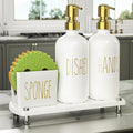 Cisily Kitchen Soap Dispenser Set Comes with Ceramics Sponge Holder, Gold Pumps, and Instant Dry Tray, Hand and Dish Soap Dispenser Set, Kitchen Decor and Accessories for Countertop Organizer
