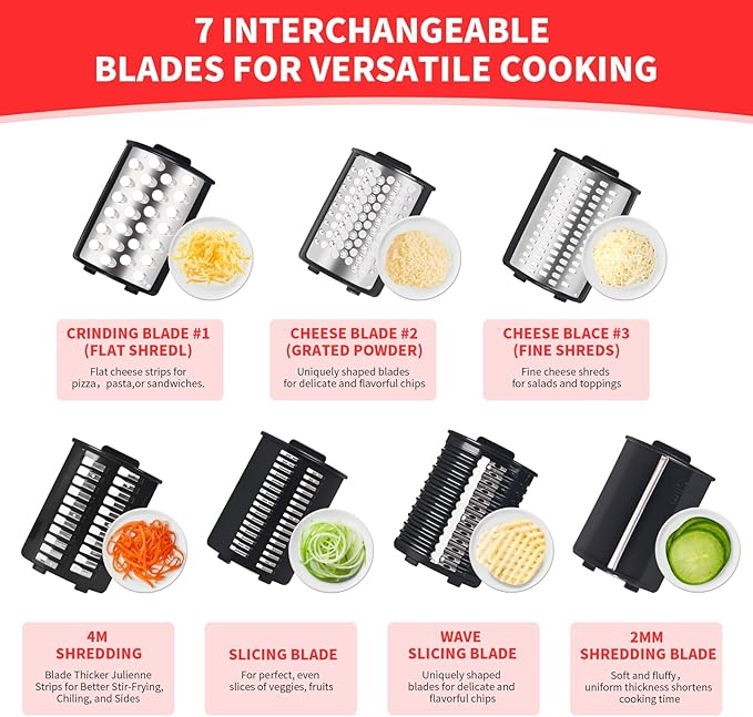 Electric Cheese Grater 250W, 7-in-1 Salad Maker & Vegetable Slicer Shredder with Widened Feeding Port for Block Cheese, Carrots, Potatoes & Fruits, Professional Food Grating Machine