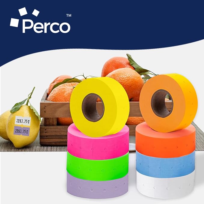 Perco 1 Line Multicolored Sleeve—240,000 Labels for Perco Lite, X, Plus & Pro Guns—Includes White, Yellow, Blue, Lavender & Fluorescent Colors (Red, Green,Pink, Orange)—240 Rolls, 30 Sleeves—USA Made