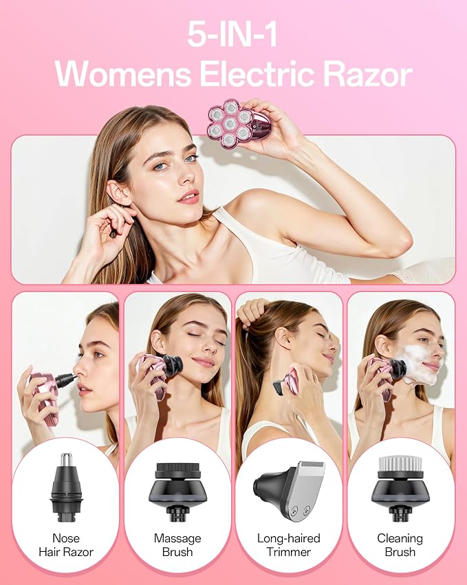5-in-1 Electric Razors for Women, 7D Magnetic Heads Full Body Shaver, Waterproof Wet Dry Hair Remover with LED Display, Rechargeable Bikini Trimmer for Underarms, Face, Legs, Lips, Arms (Pink)