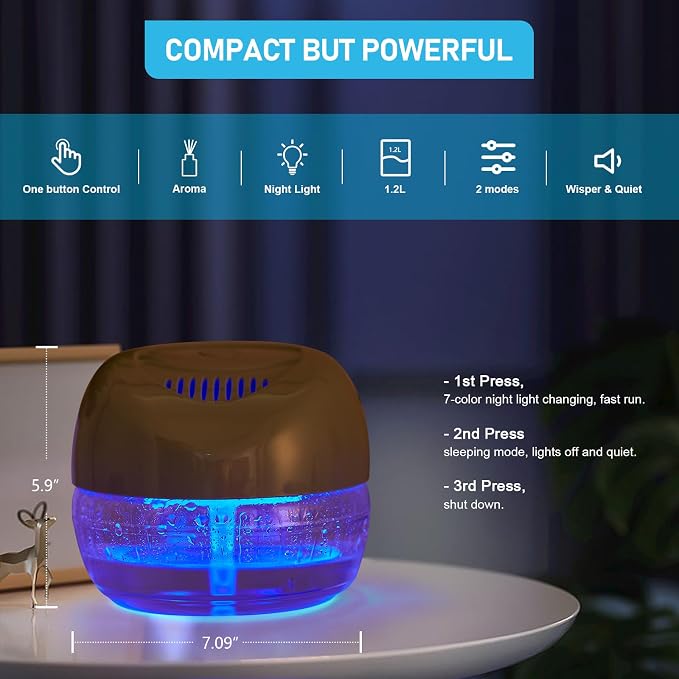 Water-Based Purifier Air Washer, Variable Speed Air Washer Aroma Diffuser with 7 Color 6 LED Night Light, Aroma Fresher Small Air Cleaner, Air Revitalizer & Freshener for Home, Office