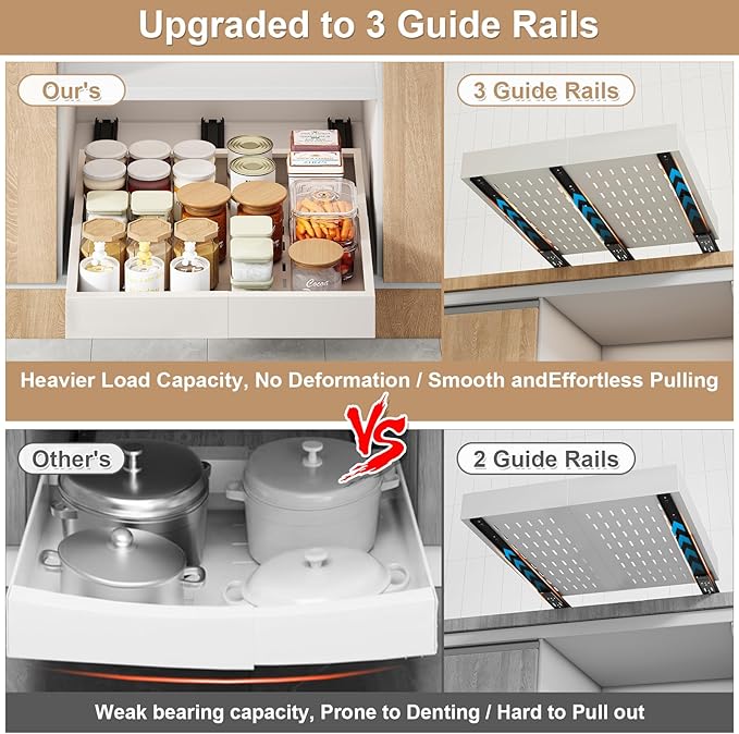 Pull out Cabinet Organizer,3 Sliding Rails,Width (11"-16"),Depth (13"-17") Expandable,No Drill Adjustable Slide out Drawers for Kitchen,Pantry, Adhesive Roll out Shelves,for Cabinets Without Lip,White
