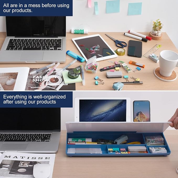 TSJ OFFICE Desktop Whiteboard Dry-Erase-Board - Computer Keyboard Stand White Board Surface Pad with Drawer, Desk Organizers with Accessories for Office, Home, School Supplies - Blue