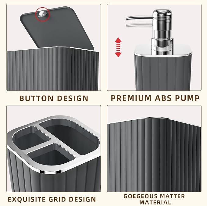XLHOMO Bathroom Accessories Set - Gorgeous Grey Bathroom Set, 10PC Bathroom Accessory Set, Gray Bathroom Accessories Set, Trash Can, Qtip Holder Dispenser & Soap Dispenser