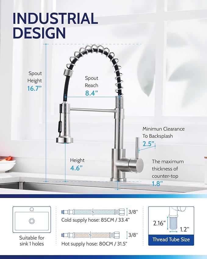 LUFEIDRA Stainless Steel Kitchen Faucet with Sprayer-High Arc Dual Function Brushed Nickel Sink Faucet, Commercial Single Handle One Hole Spring Faucet for RV Farmhouse Camper Laundry Pot Filler