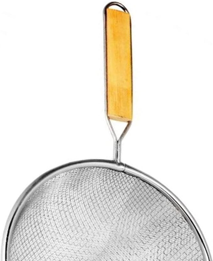 TrueCraftware- 8-Inch Double Fine Mesh Strainer Stainless Steel with 6-1/2" Handle Length Wooden Handle- Kitchen Utensil Food Strainer Skimmer Spoon for Cooking Sieve Sifters Pasta Fruits Vegetable