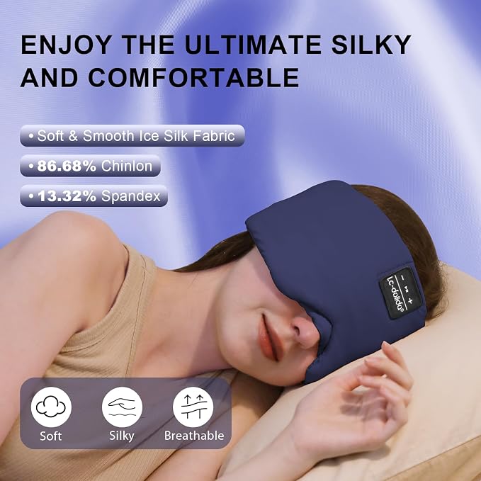 LC-dolida Sleep Mask with Bluetooth Headphones, Ice Silk Sleep Mask with Bluetooth 5.4, Total Blackout Eye Mask for Sleeping, Soft Sleep Mask for Women Men, All Night Sleep, Travel(Navy)