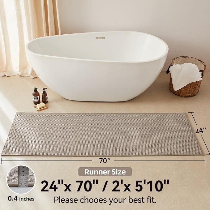 Triohero Bathroom Runner Rugs, Long Bath Mat Runner Washable Thin Quick Dry Low Pile Bathroom Runner Rugs Non Slip, Beige 24"x70"