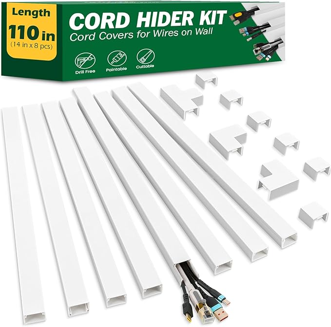 AZEN Cord Hider Kit, 110in Cord Covers for Wires on Wall, Paintable Wire Covers for Cords on Wall, Self-Adhesive Cable Hider Cord Organizer, Wire Hiders, 8X L14in X W0.96in x H0.57in
