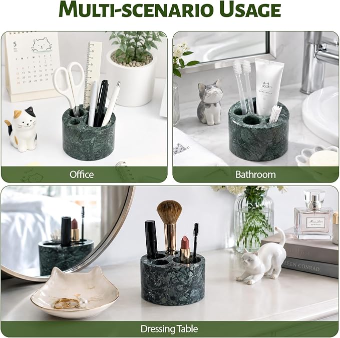 BCS Toothbrush Holder for Bathrooms, Cute 4 Slots Marble Toothbrush and Toothpaste Holder Stand Bathroom Organizer Countertop for Electric Toothbrush, Floss, Razor, Comb - Indian Green