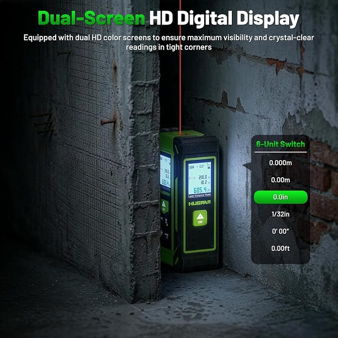Digital Laser Tape Measure 4-in-1, HUEPAR ±1/16" Laser Measure with Dual HD Display, 200Ft Rechargeable Laser Measurement&33Ft Green Cross Line Laser&10Ft Tape, for Area/Volume/Pythagorean/Leveling
