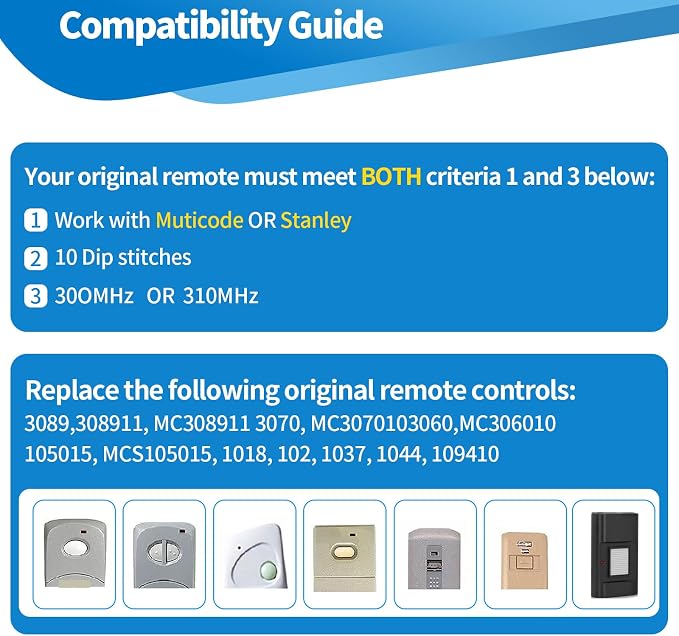 6 for 10 Dip Switch Multicode & Stanley Gate Opener Remote 300MHz & 310MHz | Compatible with 10 Digit Multicode Gate Opener,for Multi code Garage Door Opener Remote 3089 1050,Gate Remote Control Clicker