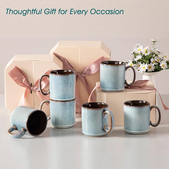 vancasso ONION Ceramic Coffee Mugs Set of 6, 16 Oz Coffee Cups for Latte, Cappuccino, Tea & Hot Cocoa, Artisan Modern Style for Coffee Bar, Home & Kitchen, Microwave & Dishwasher Safe, Light Blue Gray