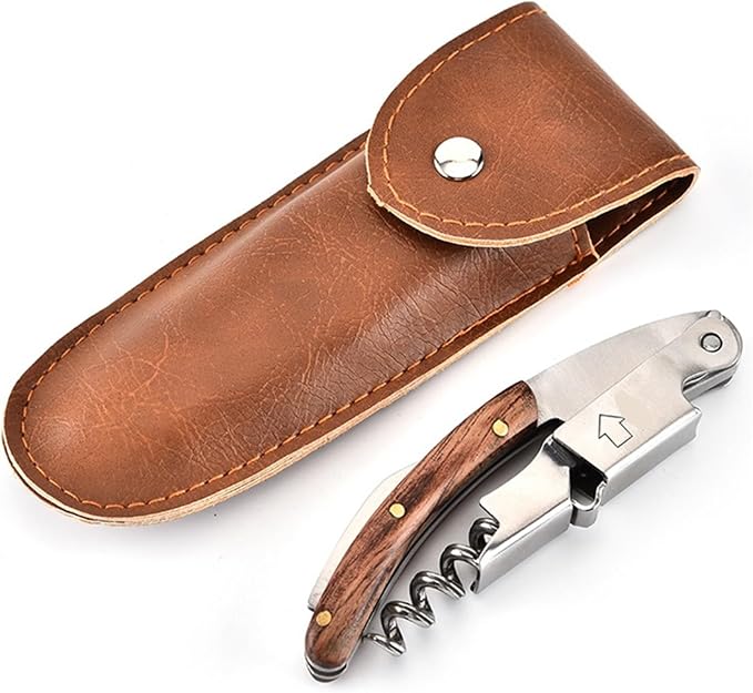Stainless Steel Red Wine Opener Wood Handle With Leather Professional Multifunction Portable Screw Corkscrew Kitchen Bar Tools(B style with holster)