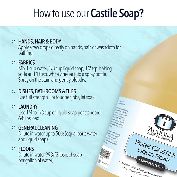 La Almona - Pure Castile Liquid Soap, PEPPERMINT, 1 Gallon - Multipurpose: Hands, Face, Body, Laundry, Dishes & More - For Sensitive Skin, Natural Ingredients, Scented with Essential Oils