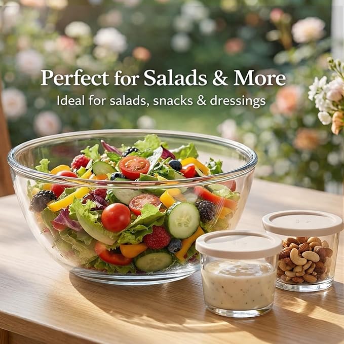 Large Glass Bowl for Sourdough Bread Making with Lid, 5Quart Deep Big Glass Bowl Large Salad Bowl with 8oz Small Bowls (clear)