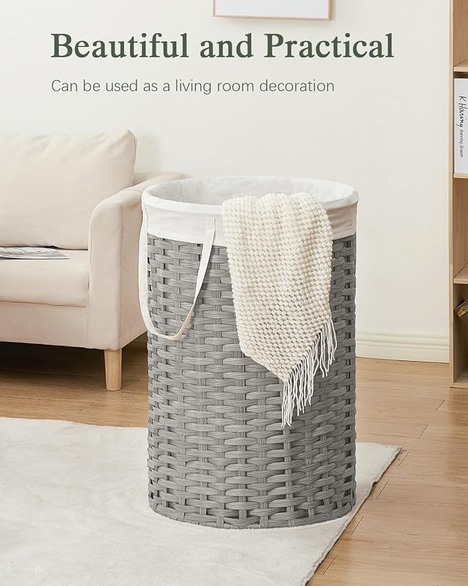 SETVSON 34.3 Gal (130 L) Large Laundry Hamper Laundry Basket Round Handwoven Wicker Laundry Baskets Rattan Laundry Basket with Removable Bag Handles 2 Mesh Bags for Living Room Bedroom Gray (No Lid)