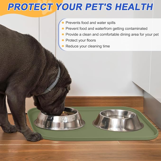 SMILOOL Waterproof Silicone Pet Food Mat with Raised Edge for Dog & Cat | 22" x 14" Non-Slip Pet Feeding Mats with Lip for Food & Water Bowl, Food Grade, Easy Cleaning, Light Olive Green