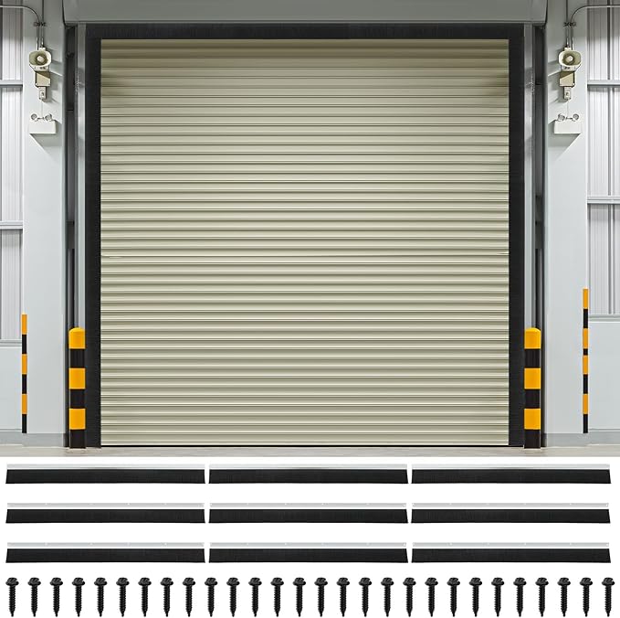 DoubleFill 12 x 12 ft Garage Door Brush Seal Kit, 3 Inch Roll up Door Seal with Aluminum Track, Heavy Duty Nylon Brush for Commercial Doors, Warehouse Barn, Energy Saving, Pest Proof, Black