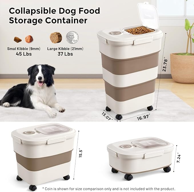 ZOMISIA 40-50lbs Dog Food Storage Container, Large Capacity Collapsible Airtight Pet Food Storage Containers with Rolling Wheels, Transparent Lid, Scoop and Date Track, Brown