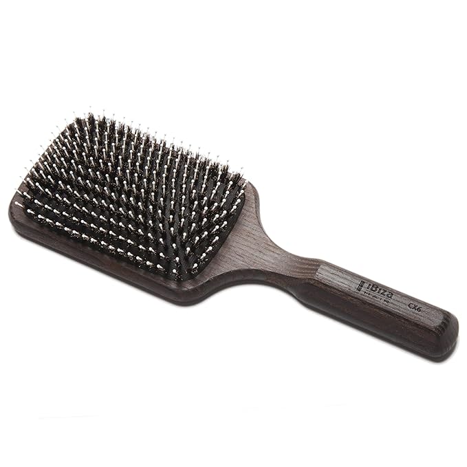 Ibiza Hair Detangling Paddle Brush (CX6) | 100% Boar Bristles with Ball-Tipped Quills for a Polished, Shiny Look | Durable Carbonized Wood | Ideal for Long Styles & Large Sections