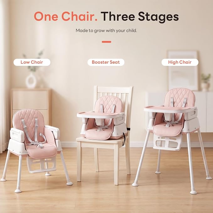 High Chair for Babies and Toddlers, 3-in-1 Convertible Baby High Chair, Built-in Leg Storage, Compact Pack-Away Design, Baby Eating Feeding Chair, Silla De Comer para Bebe, Pink