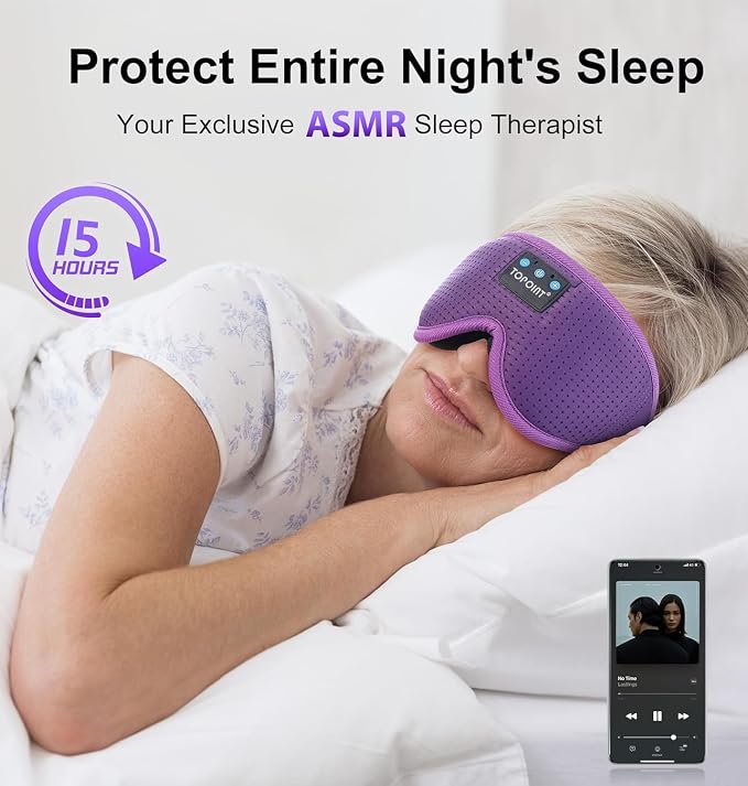 TOPOINT Sleep Mask Headphones Bluetooth 5.4, 3D Eye Mask for Sleeping with Light Blocking, 15 Hours for Women Men, Travel, Meditation, Nap, CPAP Users, Purple