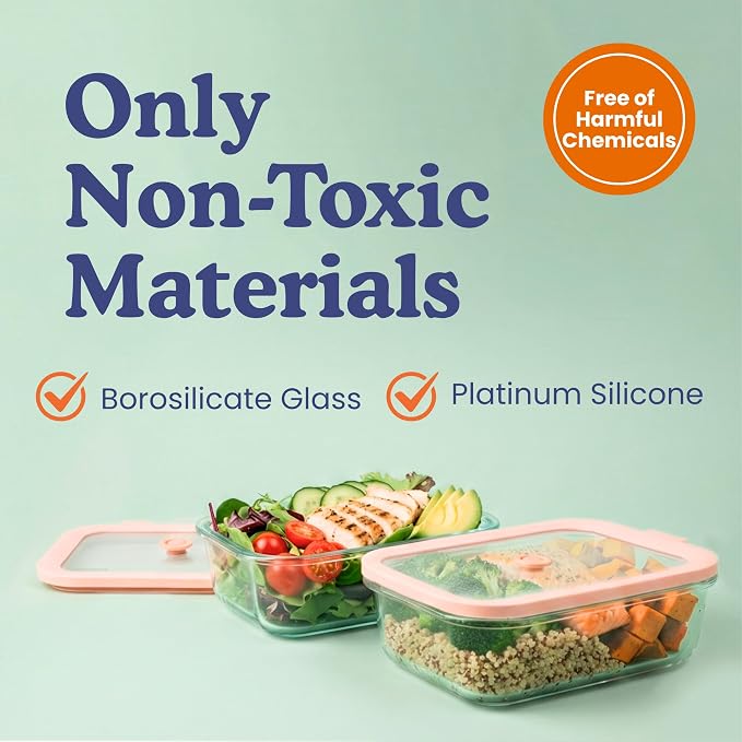 Non-Toxic Glass Food Containers with Lids, 4-Pack, 21 oz, Airtight, Gray | Plastic & BPA free. Glass body, glass lid & platinum silicone seal. Airtight & leakproof. Freezer & microwave safe.