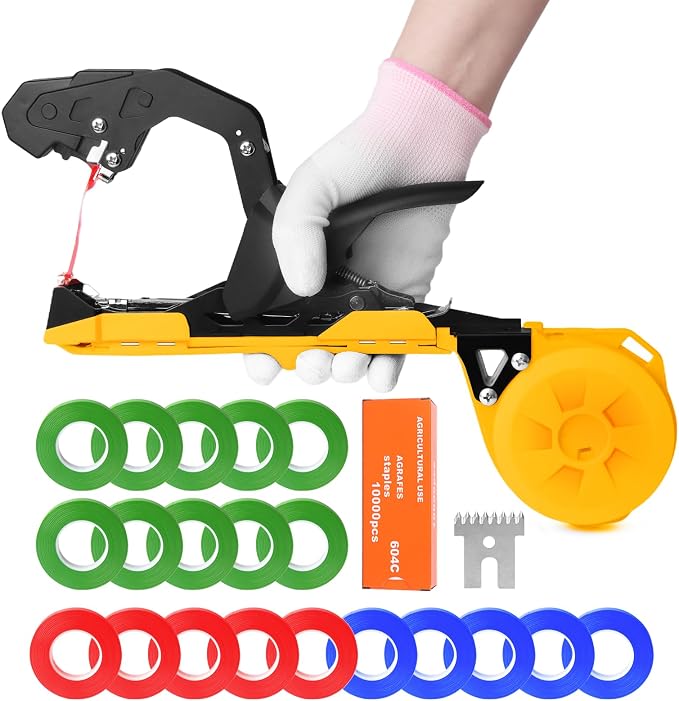 Cekegon Plant Tying Machine, 420g Tapener Tying Tool Plant Tying Tool with 10000pcs Staples 20 Rolls Tape (Yellow)