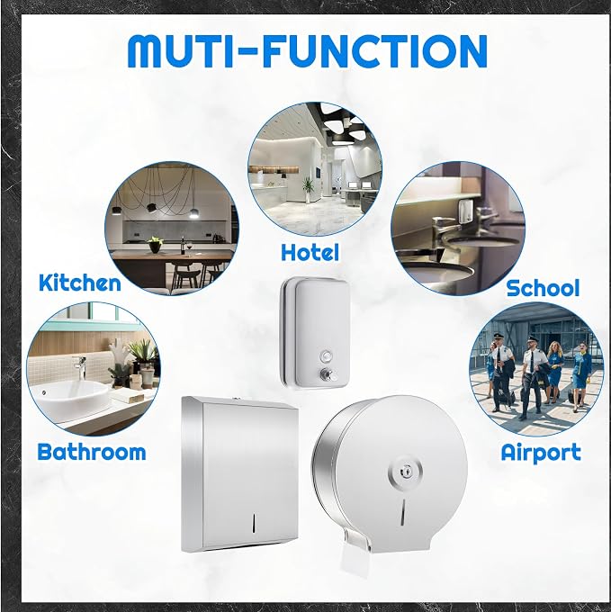 3 Pcs Commercial Toilet Paper Dispenser and Soap Dispenser Set-Stainless Steel,Wall Mount,Large Capacity Manual Liquid Pump Rust Proof Leak Free for Home Bathroom