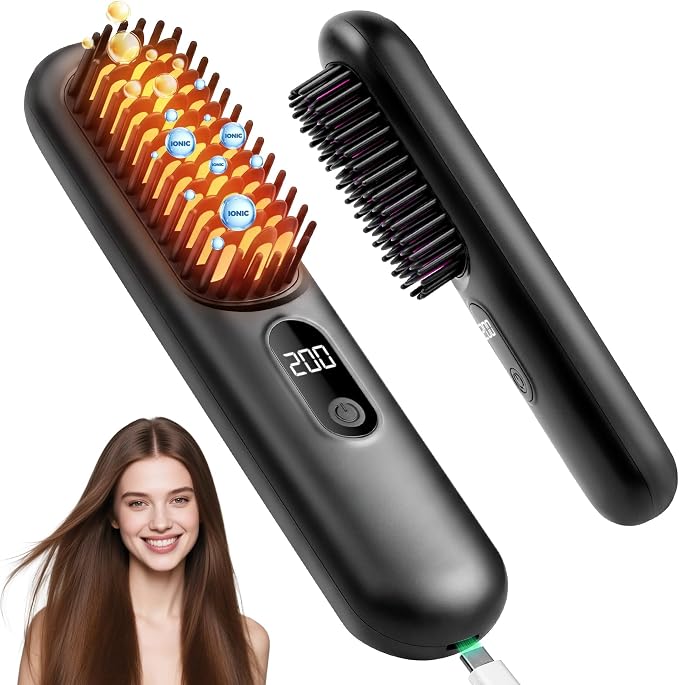 Go Brush Pro 2026, Cordless Hair Straightener Brush, Mini Hair Straightener with 4 Temperature Settings, Portable Hair Straightener Brush with MCH Heating and Ionic & Ceramic Care for Women (Black)