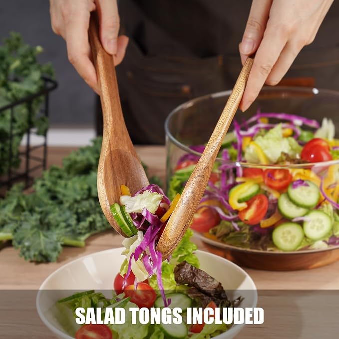 NiHome Glass Salad Bowl with Acacia Wood Salad Tongs, Large Capacity Design with Enhanced Stability, Versatile Serving Dish for Salads, Fruits, Ideal for Gatherings & Daily Family Dining
