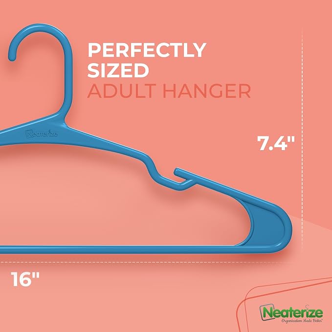 NEATERIZE Clothes Hangers Plastic 100 Pack for Adults - Plastic Hangers, The Perfect Coat Hanger and Space Saving Clothes Hangers for Closet - Blue Hangers